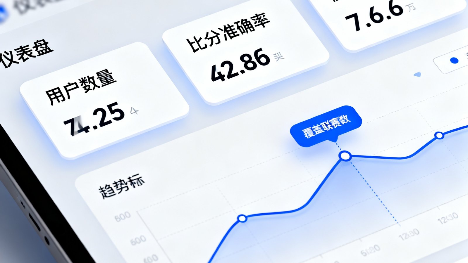 仪表盘风格的数据展示界面，呈现用户数量、比分准确率、覆盖联赛数等关键指标的数字卡片和趋势图。